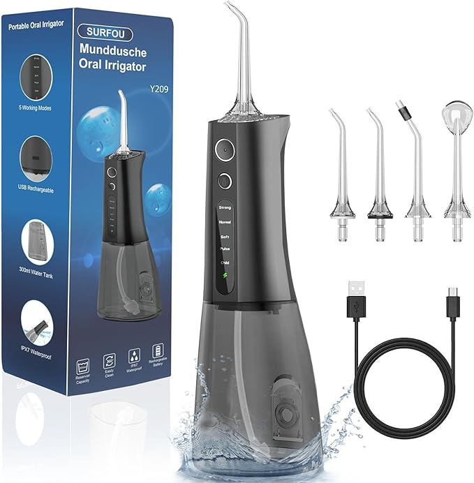 SURFOU Dental Water Jet – 5 Modes, 7 Tips, USB-C Rechargeable, 300ml Tank, Waterproof